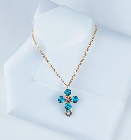 Crystal cross pendant necklace indicolite blue,yellow gold