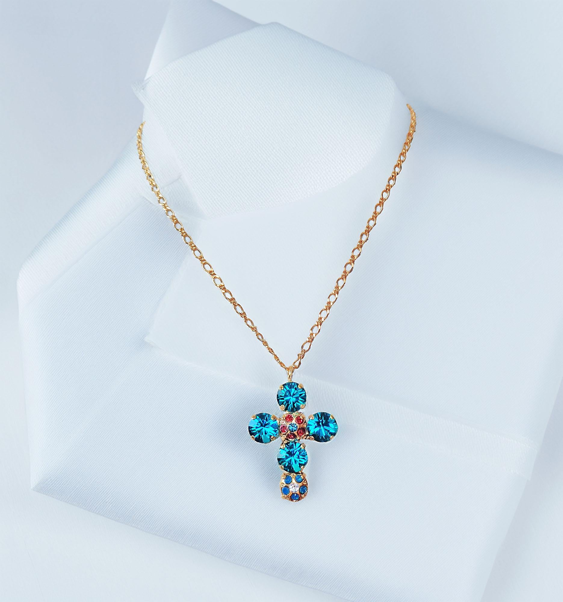 Crystal cross pendant necklace indicolite blue,yellow gold