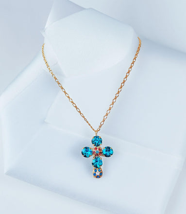 Crystal cross pendant necklace indicolite blue,yellow gold