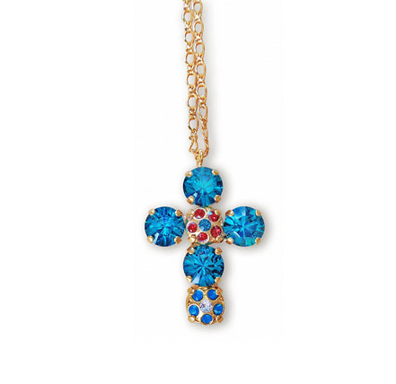 Crystal cross pendant necklace indicolite blue,yellow gold