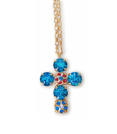 Crystal cross pendant necklace indicolite blue,yellow gold