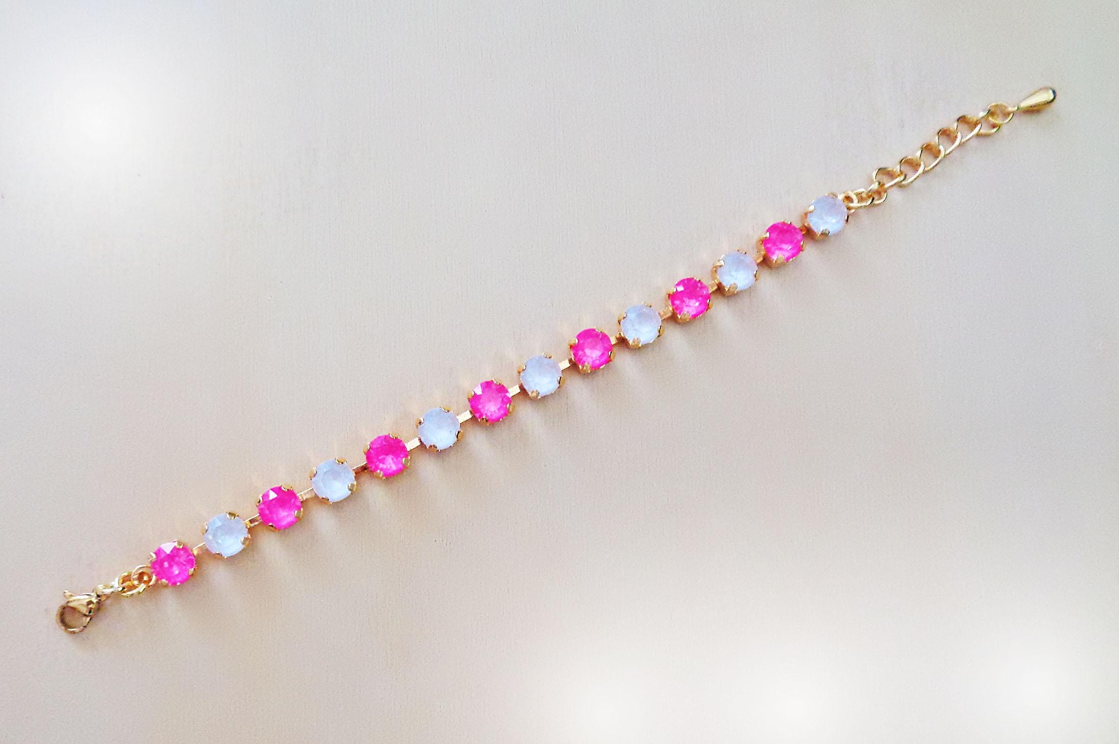 Bracelet fille en cristal Swarovski rose fluo, bracelet blanc électrique, plaqué or