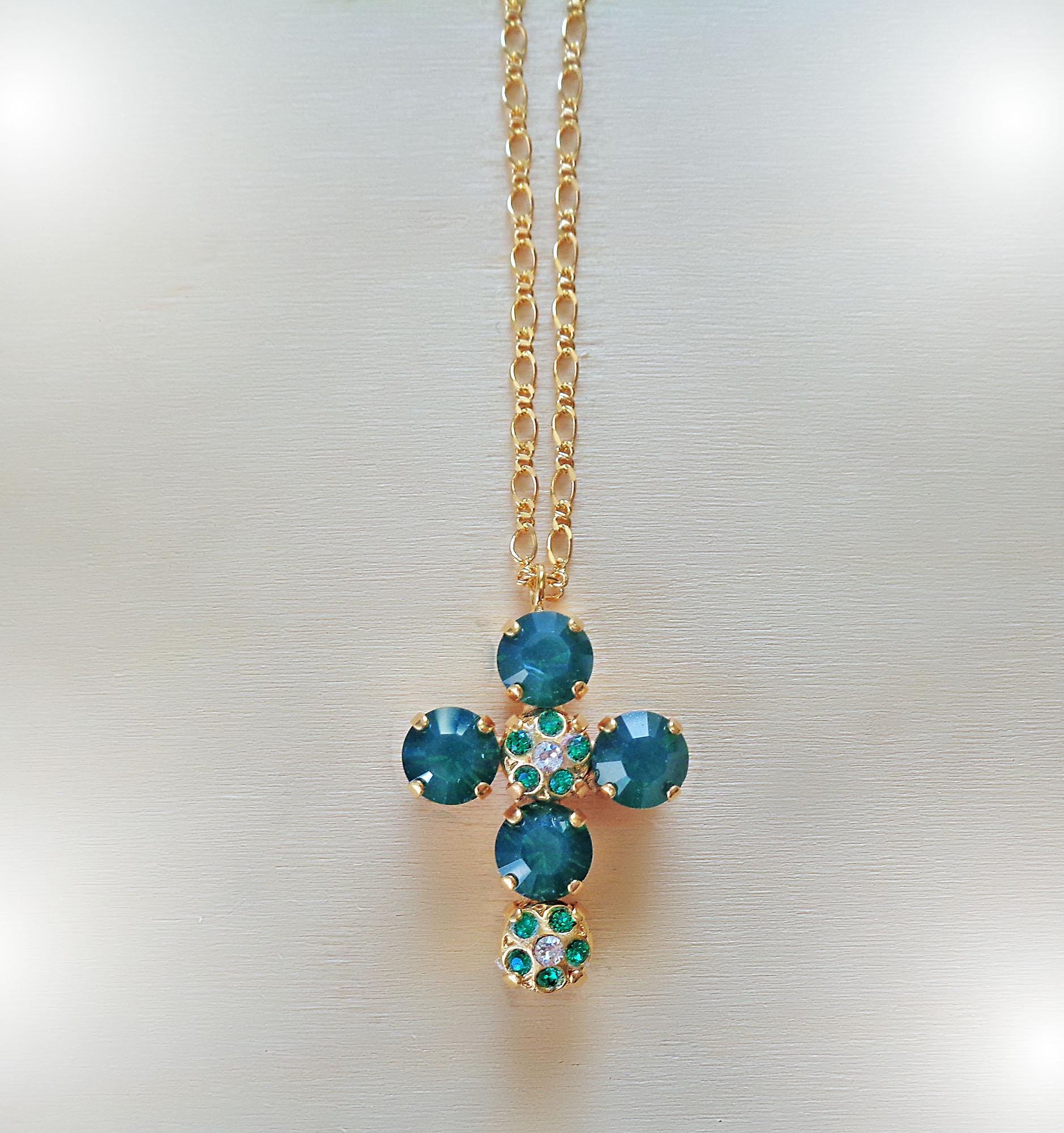 Crystal cross pendant necklace dark green opal,gold plated
