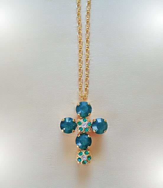 Crystal cross pendant necklace dark green opal,gold plated