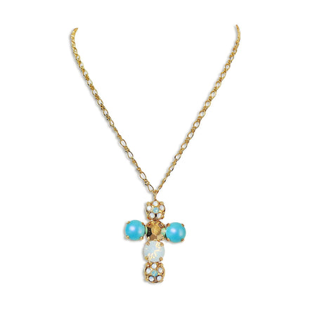 Collier pendentif croix en cristal Swarovski, opale blanche et turquoise, plaqué or fin 24 carats