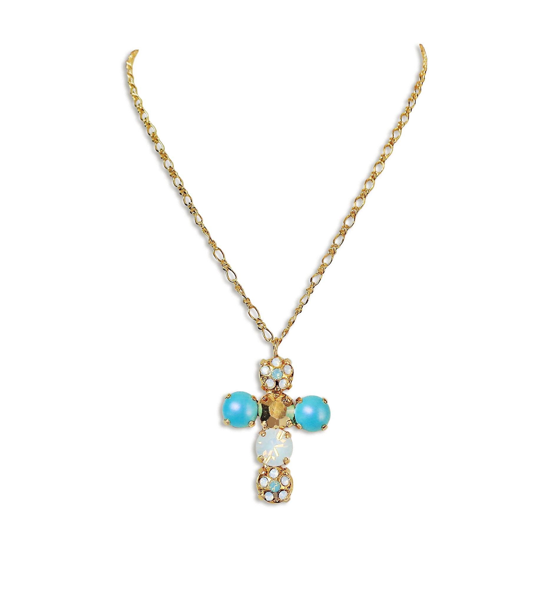 Collier pendentif croix en cristal Swarovski, opale blanche et turquoise, plaqué or fin 24 carats