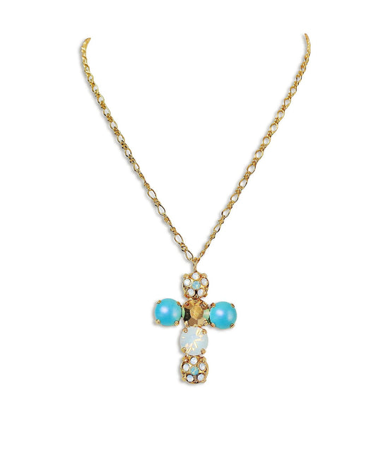 Halskette mit Kreuzanhänger aus Swarovski-Kristallen, weißem Opal und Türkis, 24 Karat Feingold plattiert