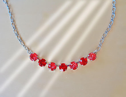 Crystal poppy red ,light siam red  ,chain necklace,rhodium silver