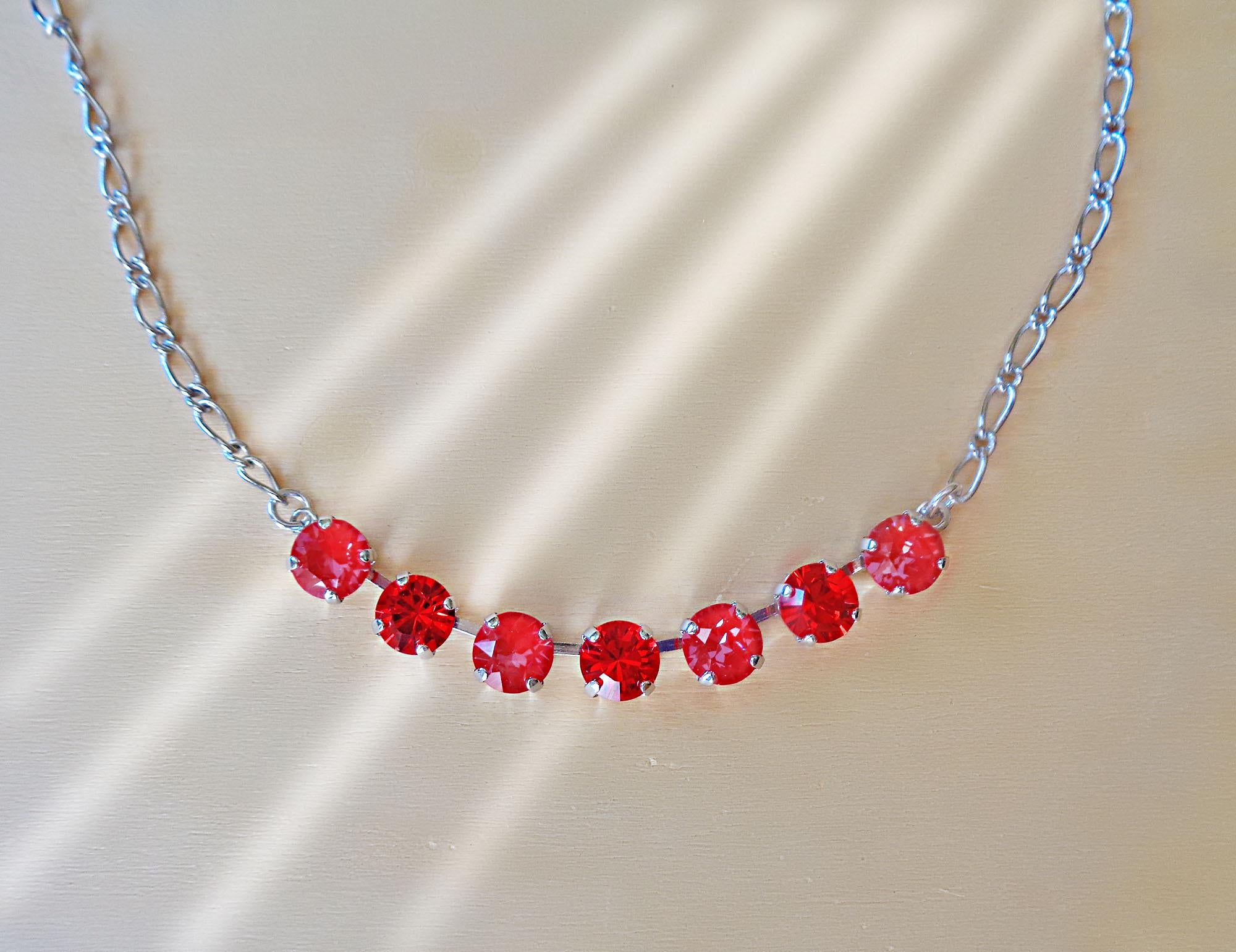 Crystal poppy red ,light siam red  ,chain necklace,rhodium silver