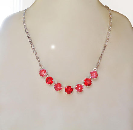 Crystal poppy red ,light siam red  ,chain necklace,rhodium silver