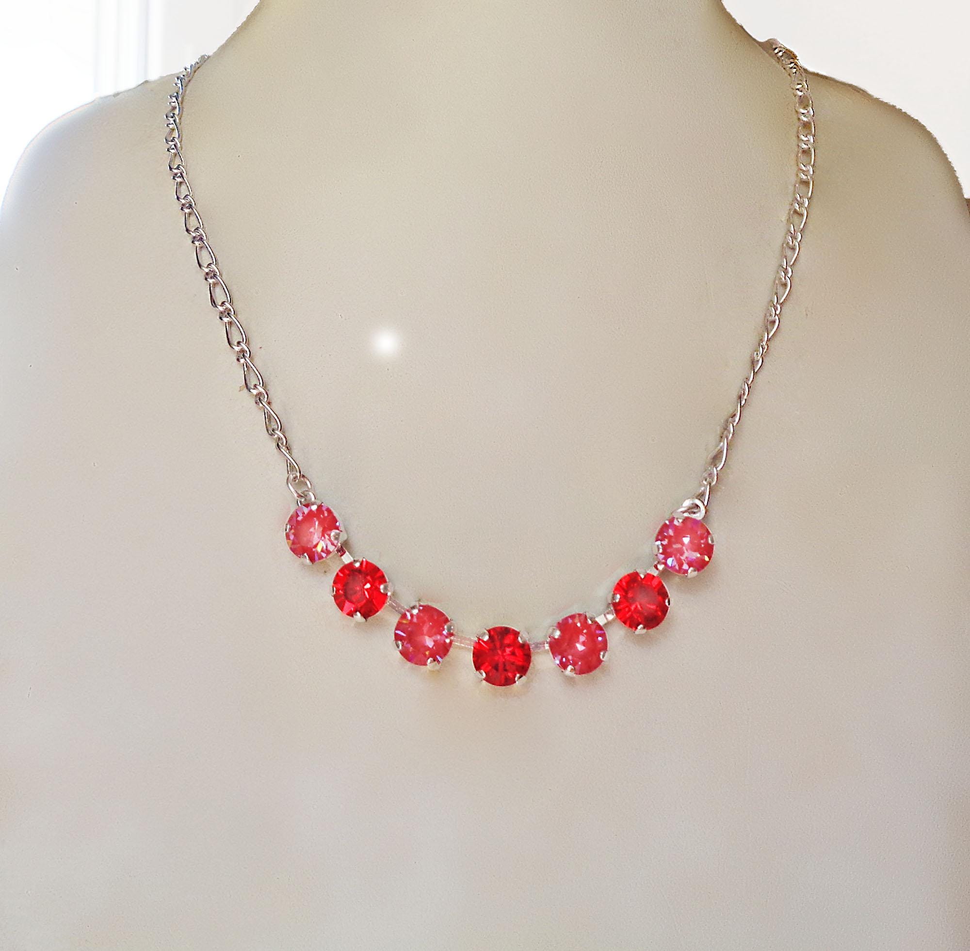 Crystal poppy red ,light siam red  ,chain necklace,rhodium silver