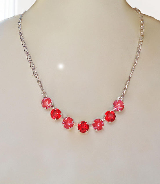 Crystal poppy red ,light siam red  ,chain necklace,rhodium silver