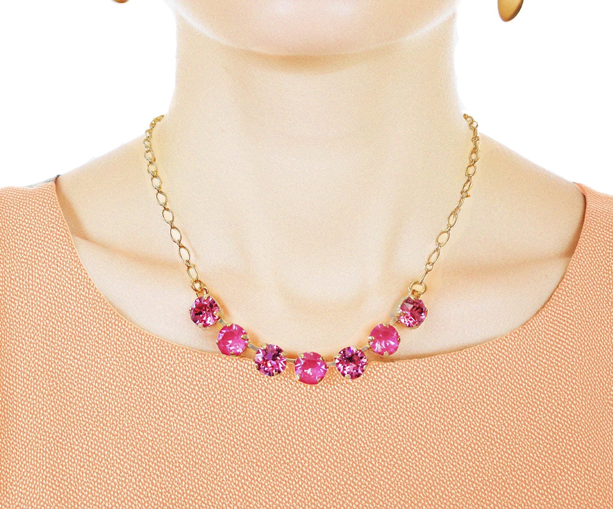 Austrian  crystal  gold plated chain necklace dahlia pink, rose
