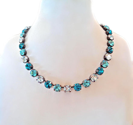 CELINE crystal tennis necklace blue zircon,light blue,antique copper