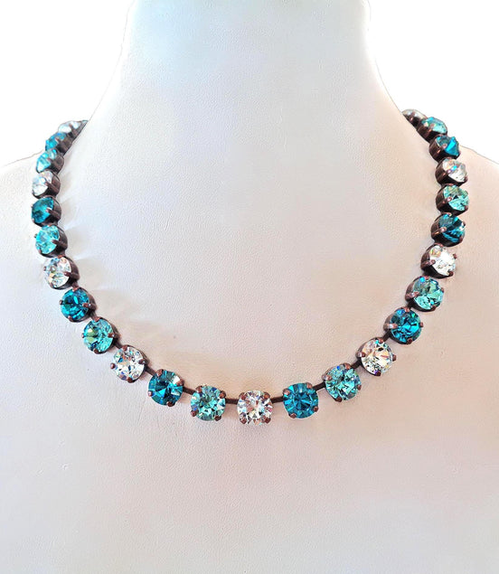 CELINE crystal tennis necklace blue zircon,light blue,antique copper