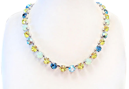 LIME DROPS crystal tennis  necklace,citrus green and blue ,rhodium silver