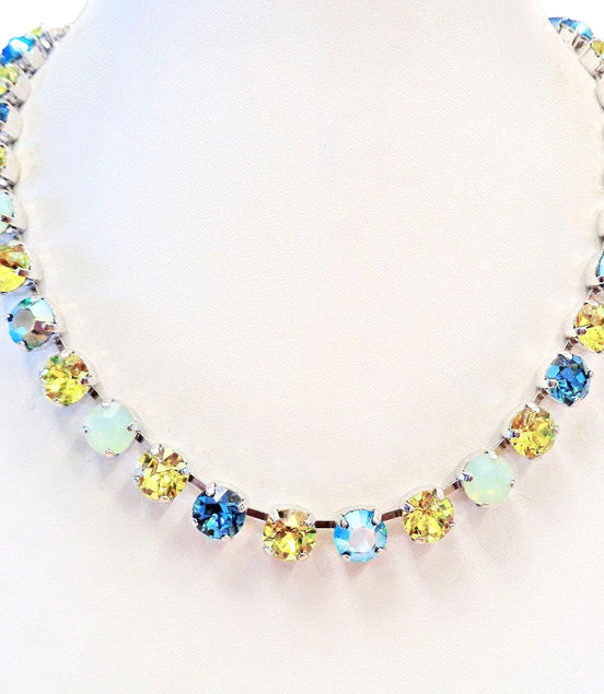 LIME DROPS crystal tennis  necklace,citrus green and blue ,rhodium silver