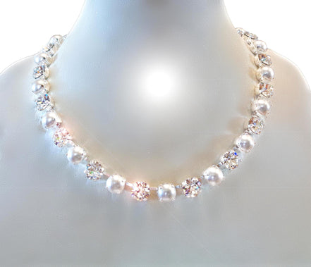 CLEAR GLAMOUR Austrian crystal and pearls tennis necklace, clear crystal,white