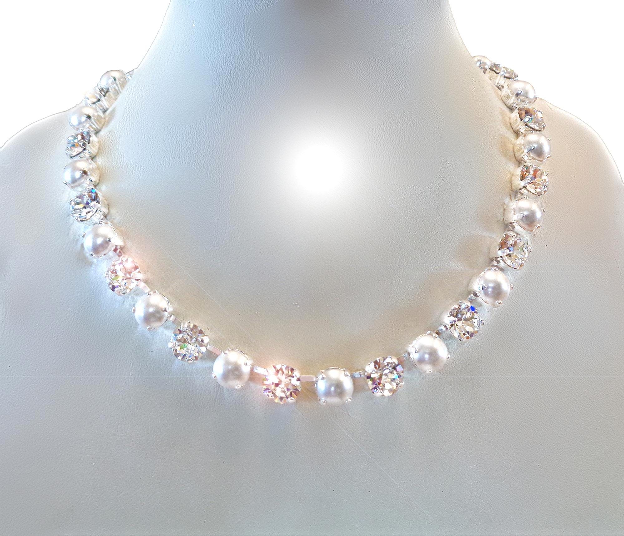 CLEAR GLAMOUR Austrian crystal and pearls tennis necklace, clear crystal,white
