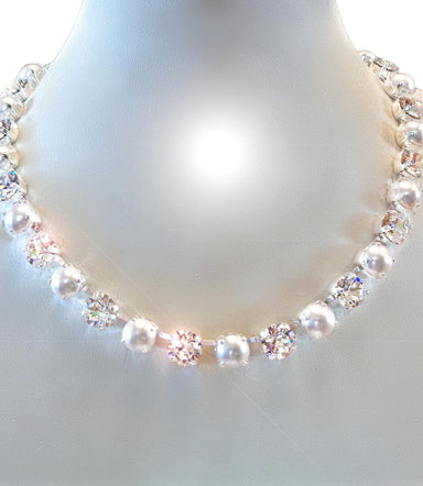 CLEAR GLAMOUR Austrian crystal and pearls tennis necklace, clear crystal,white