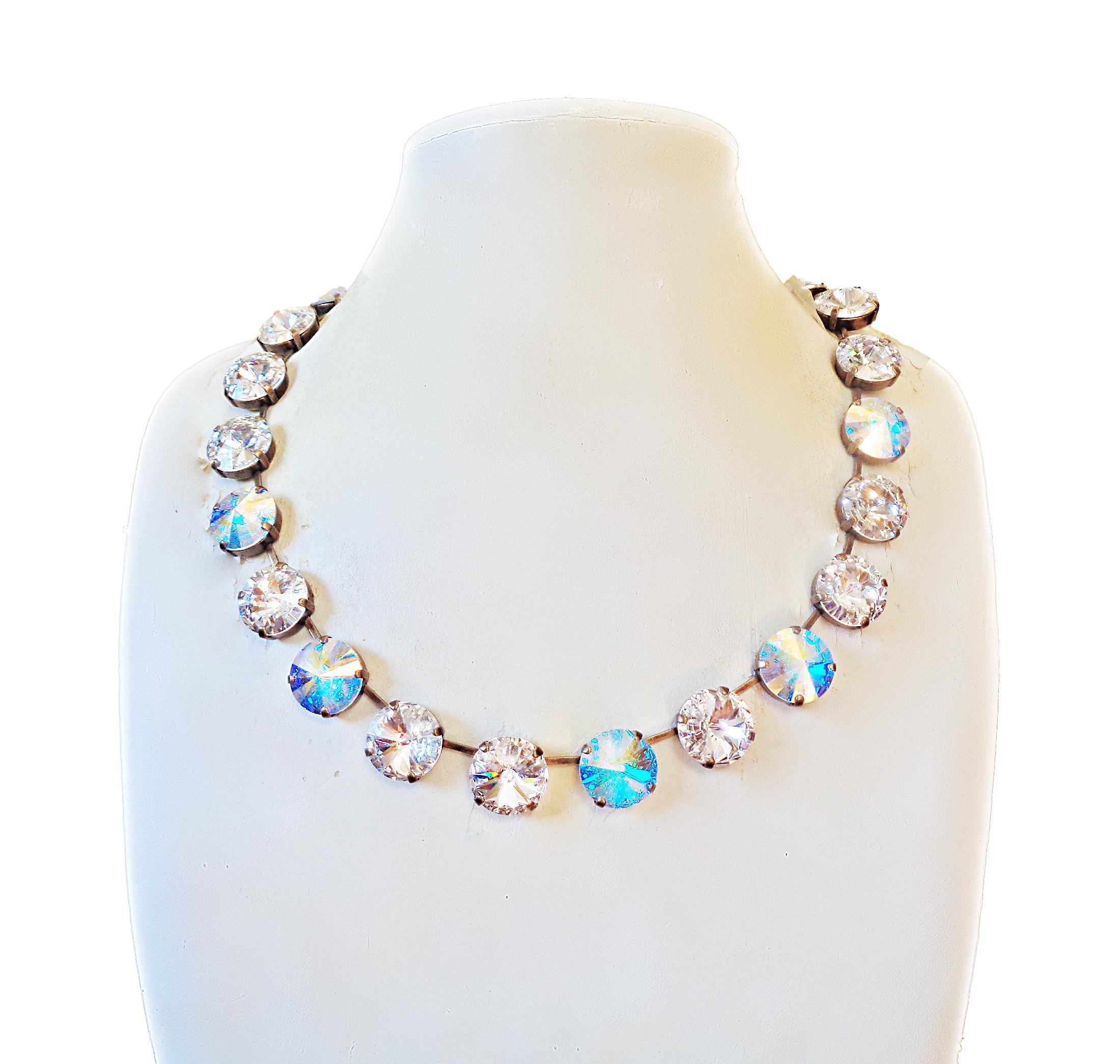 Large rivoli necklace clear crystalAB  and clear crystal , antique brass