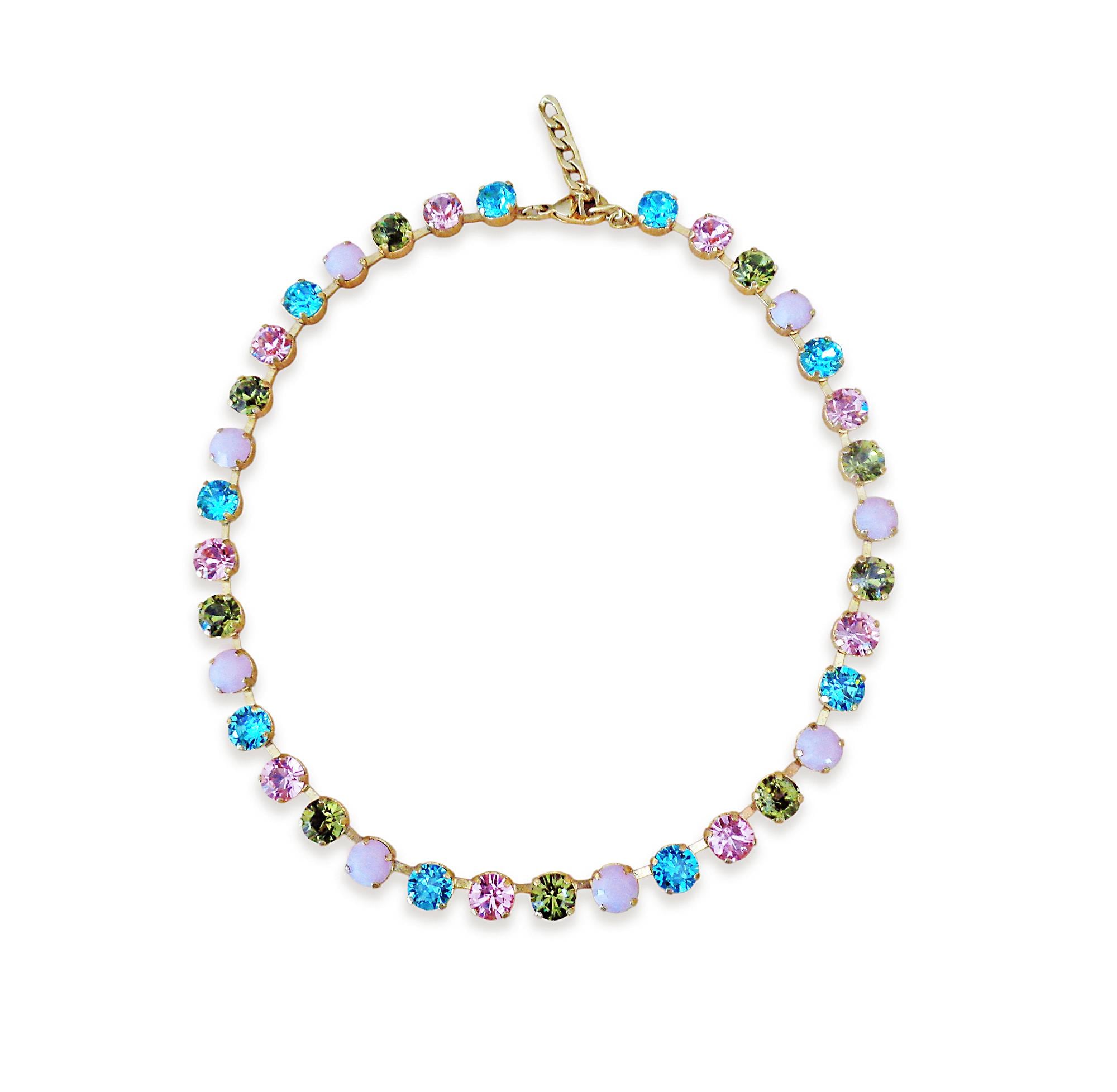 Crystal tennis  necklace  multicolour ,yellow gold
