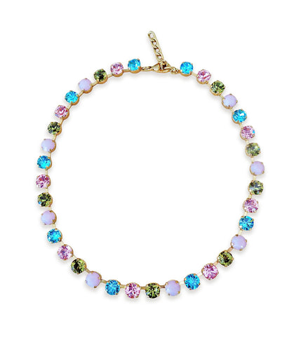 Crystal tennis  necklace  multicolour ,yellow gold
