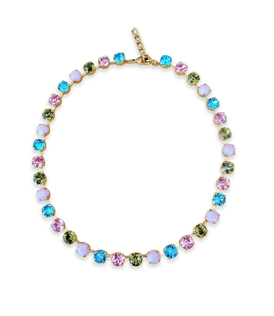 Crystal tennis  necklace  multicolour ,yellow gold