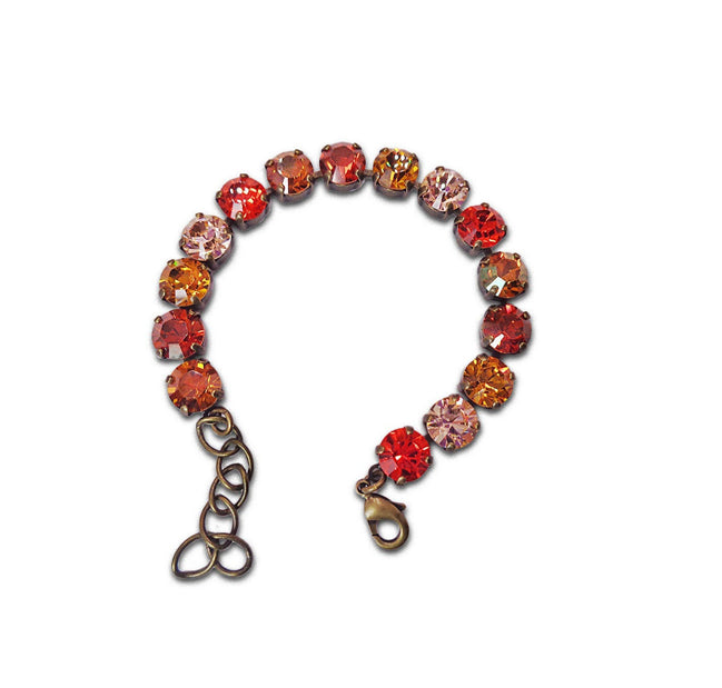 MAGMA AND FLAMES crystal orange and red tennis bracelet,antique brass