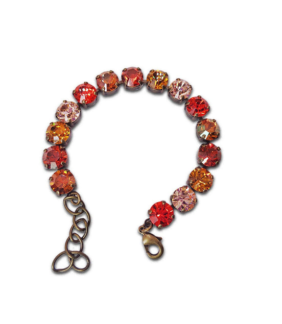 MAGMA AND FLAMES crystal orange and red tennis bracelet,antique brass