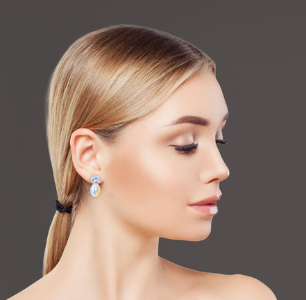 Fresh water pearl white stud earring, cubic zirconia sterling silver