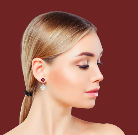 Fresh water pearl and crystal stud and drop earrings,ruby,white