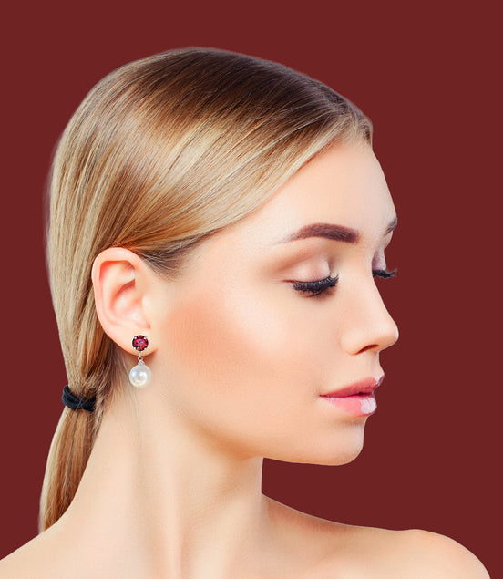 Fresh water pearl and crystal stud and drop earrings,ruby,white