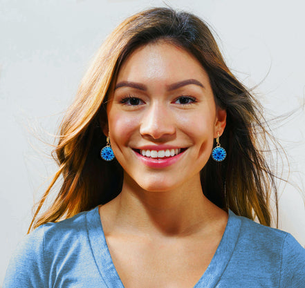 Austrian crystal  blue star halo round drop earrings ,gold plated