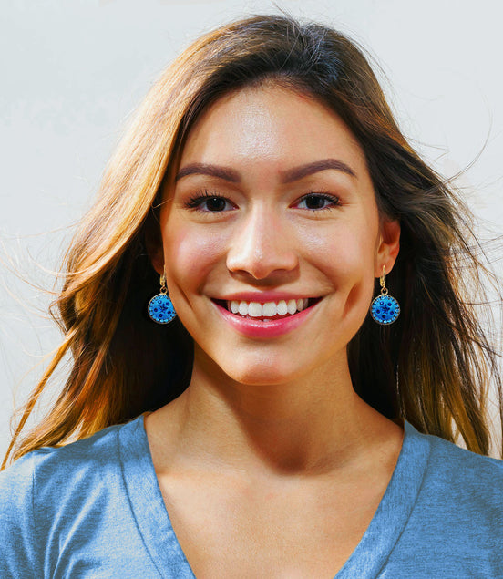 Austrian crystal  blue star halo round drop earrings ,gold plated